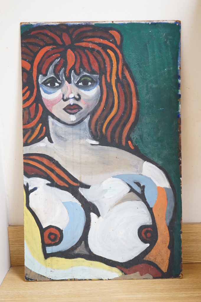 1960’s, surreal oil on board, Girl brushing her hair, inscribed and dated ‘68 verso, 73 x 45cm, unframed. Condition - fair